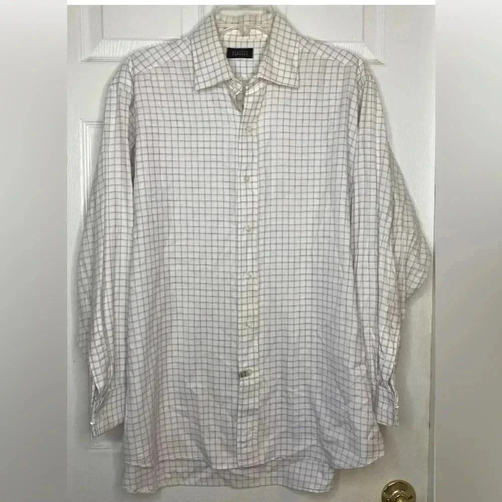 Men BARNEYS NEW YORK white Blue Purple Button Down L/s Dress Shirt Sz 16 Regular